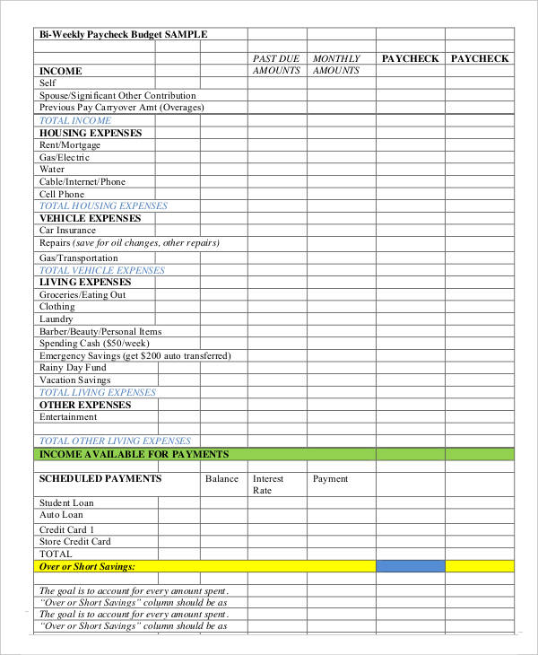 Bi Weekly Paycheck Budget