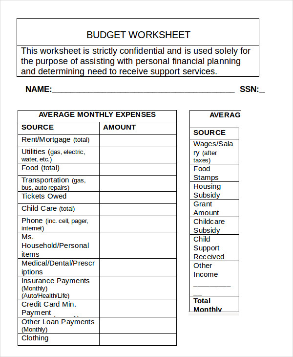 Blank Budget Worksheet