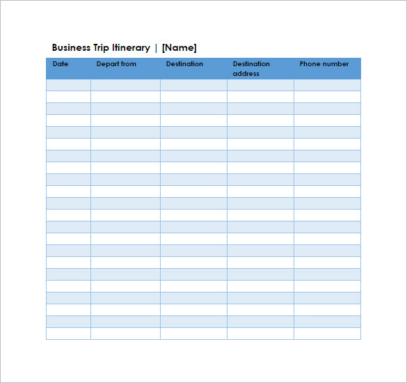 Business Trip Itinerary Spreadsheet Template