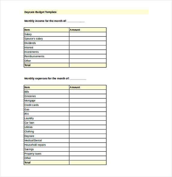 Daycare Budget Template