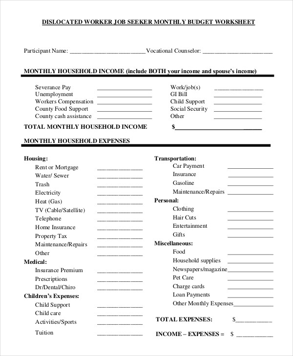 Dislocated Worker Monthly Budget Worksheet