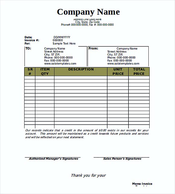 Free Memo Invoice templates