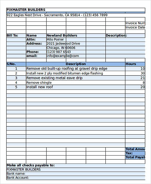 Hourly Roofing Service Invoice