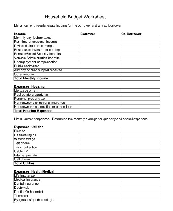 Household Budget Worksheet