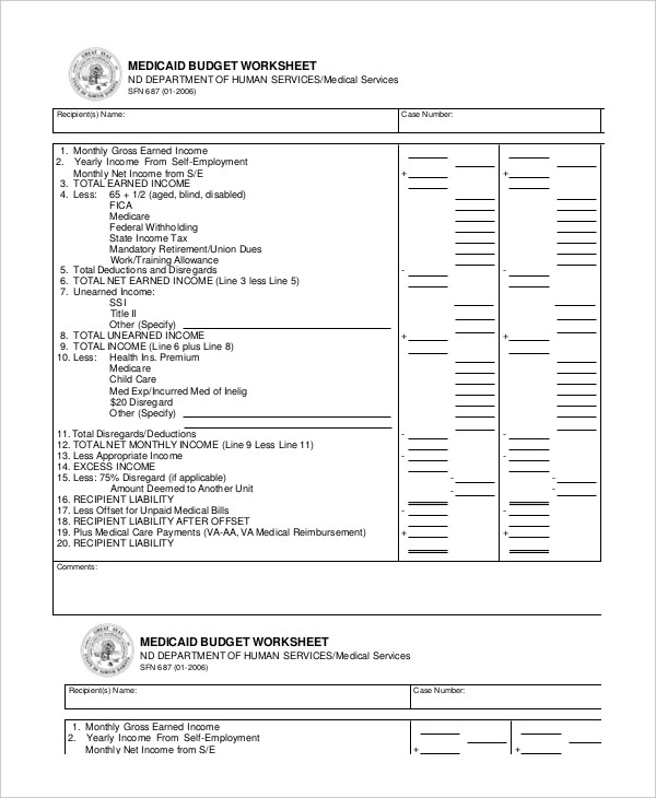 Medicaid Budget Worksheet