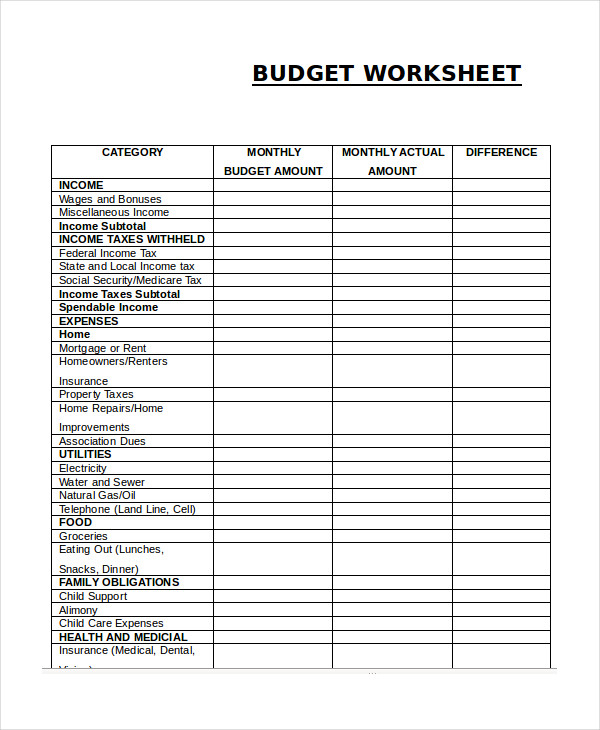 Monthly Budget Worksheet