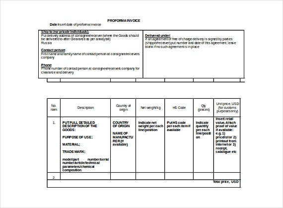 Non Commercial Proforma Invoice Word templates