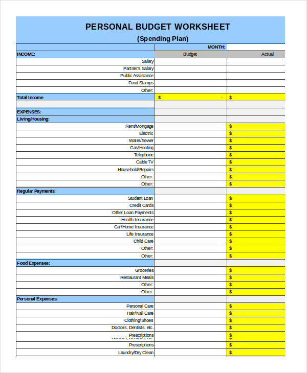 Personal Budget Weekly Expenses Worksheet