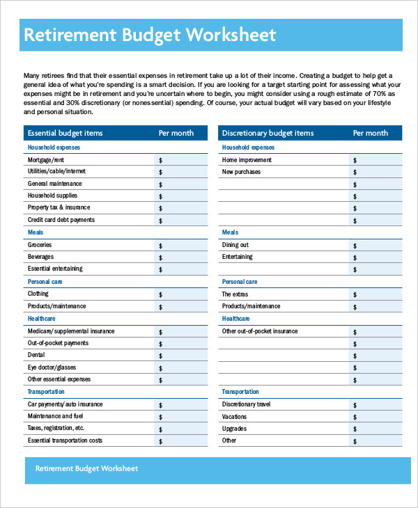 Retirement Budget Worksheet