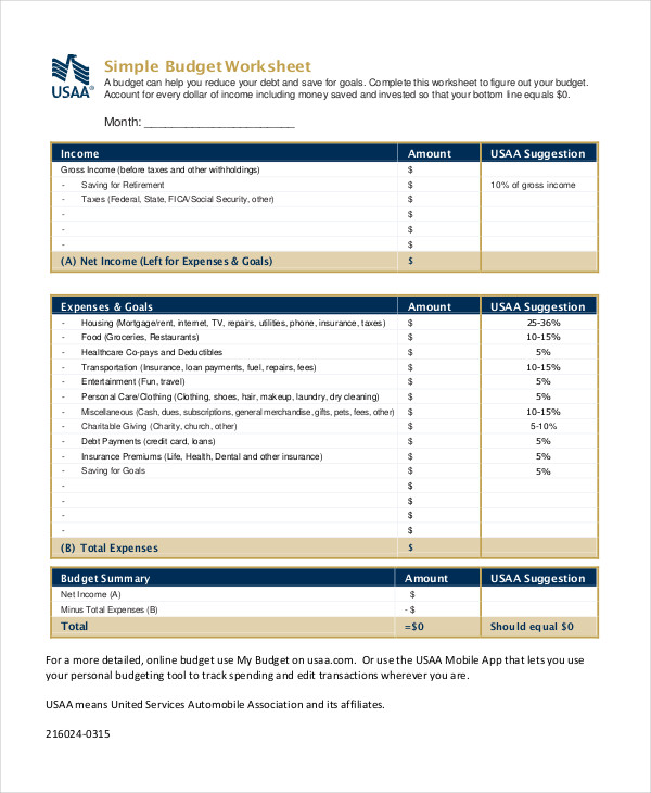 Simple Budget Worksheet Template