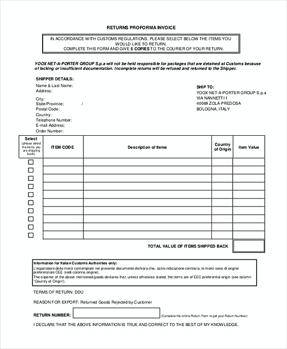 Simple Return Proforma Invoice