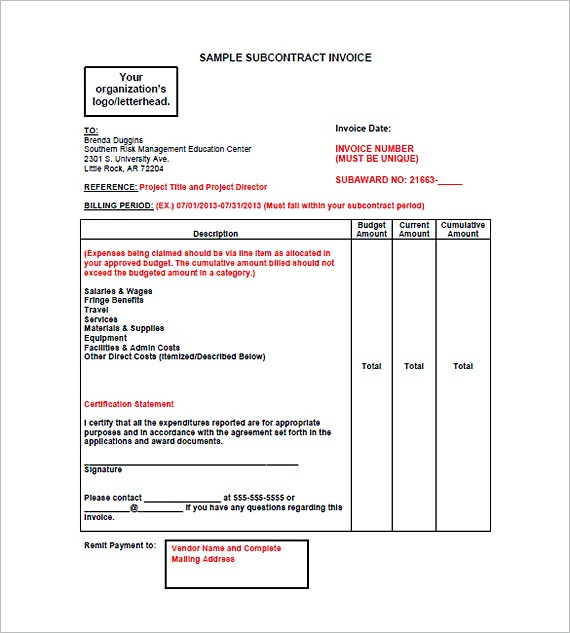 Subcontractor Invoice templates