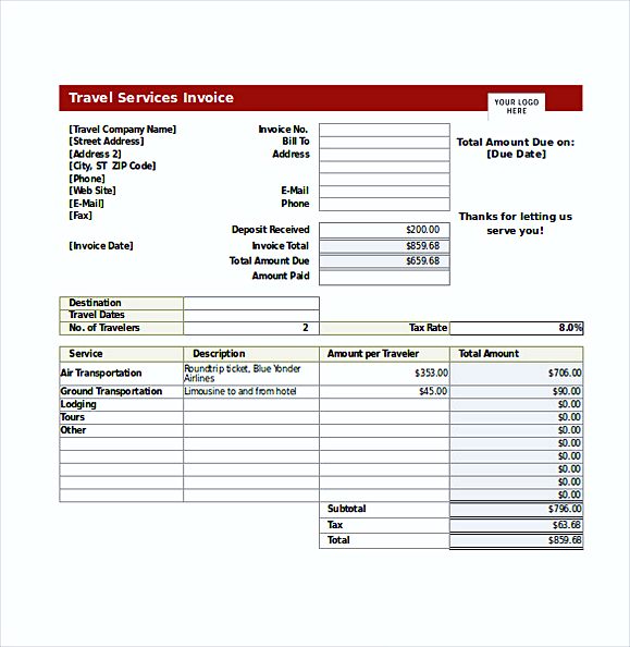 Travel Service Invoice templates