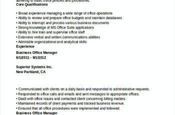 Business Office Manager Resume