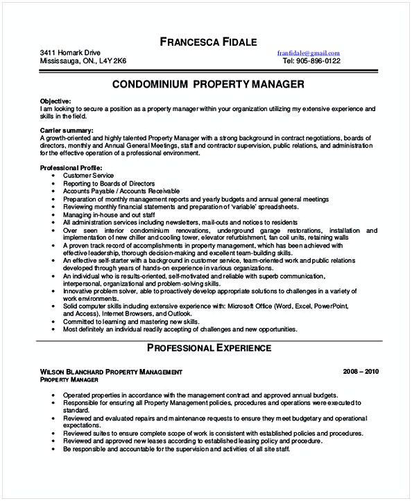 Condomium Property Manager Resume