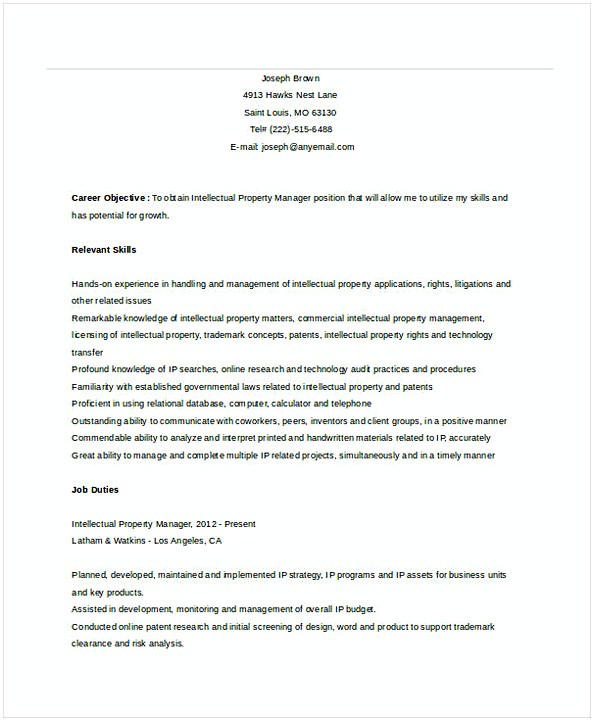 Intellectual Property Manager Resume