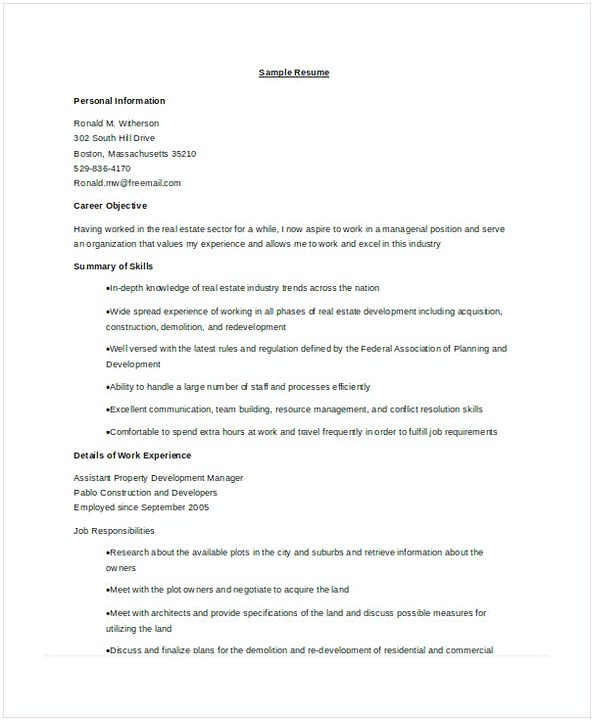 Property Development Manager Resume