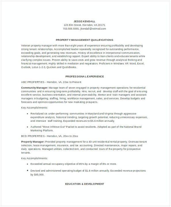 Sample Property Manager Resume