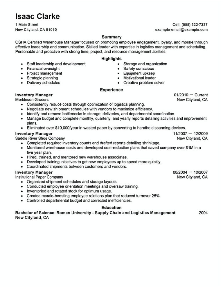 Inventory Manager Resume