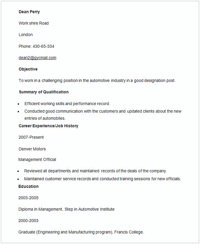 Automobile Manager Resume Template