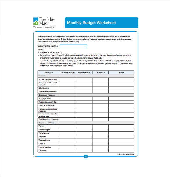 Blank Monthly Budget Spreadsheet PDF Format