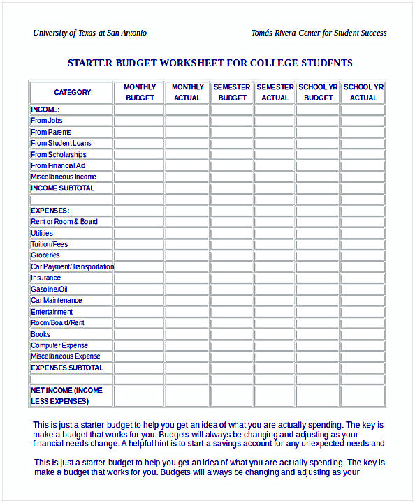 Budget Worksheet for College Students 1