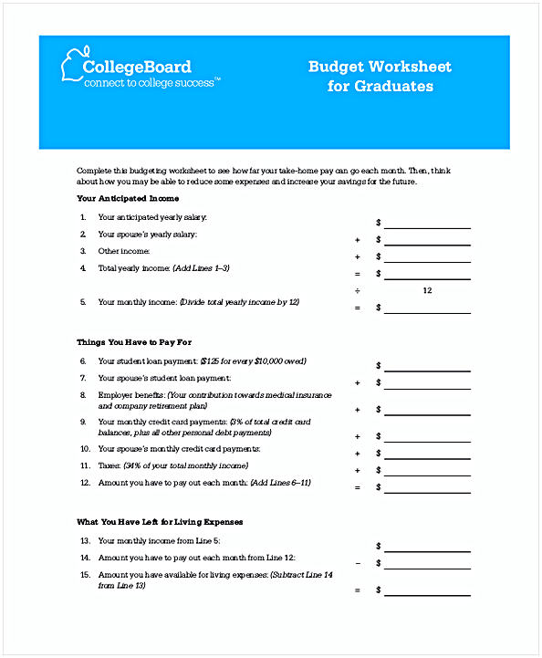 Budget Worksheet for Graduates