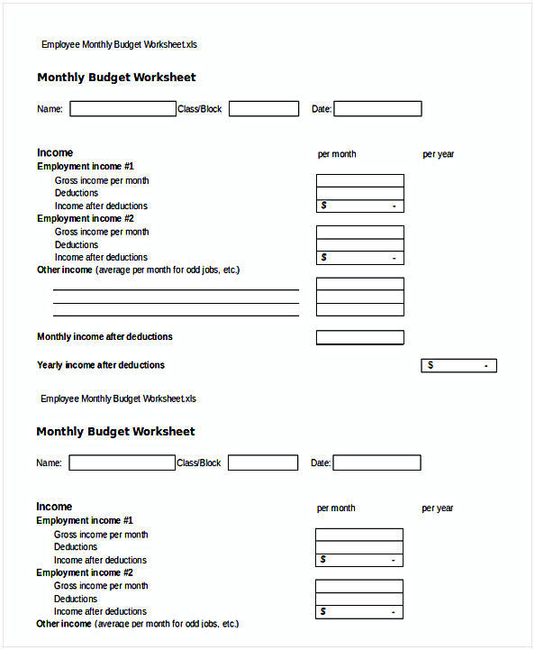 Employee Monthly Budget Worksheet