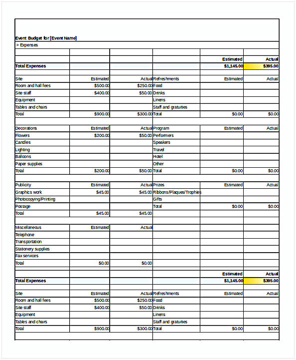 Event Budget Spreadsheet Template