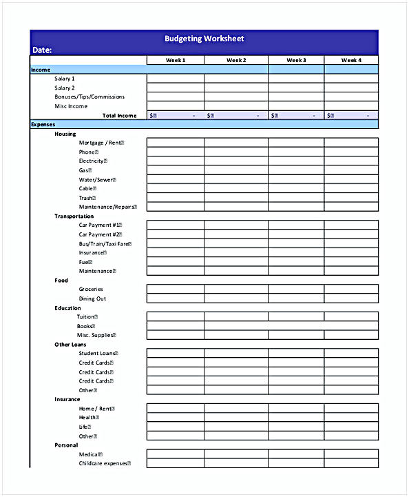 Example Budgeting Worksheet 1