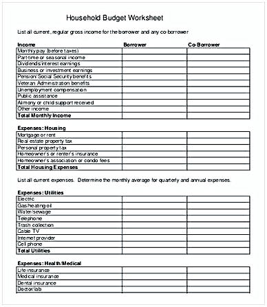 Family Household Budget Worksheet