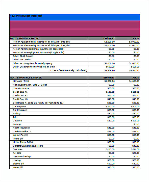 House Hold Budget Spreadsheet