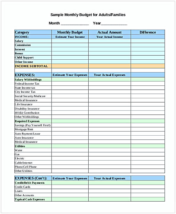 Monthly Family Budget Worksheet