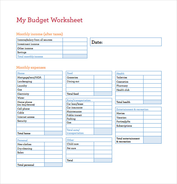 My Budget Worksheet PDF Template 1