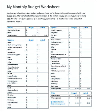 My Monthly Family Budget Worksheet