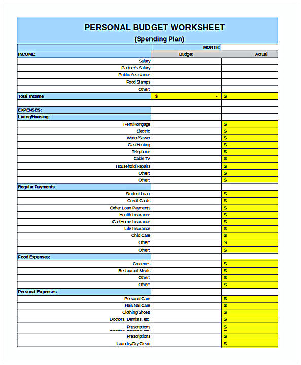 Personal Budget Weekly Expenses Worksheet 1