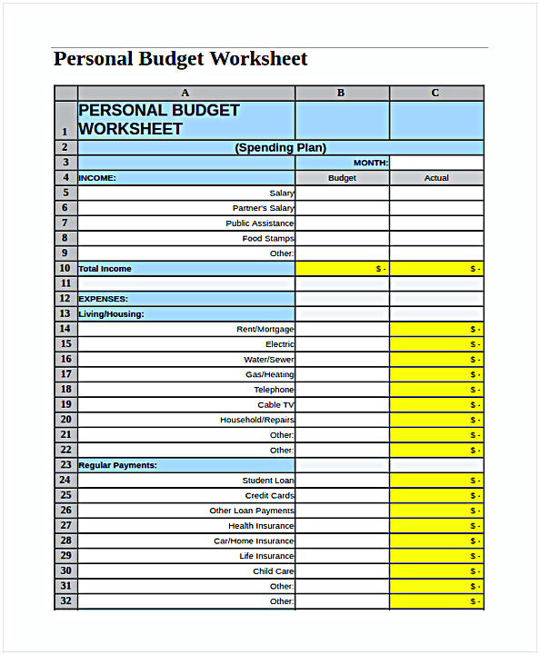 Personal Budget Weekly Expenses Worksheet Template in Excel