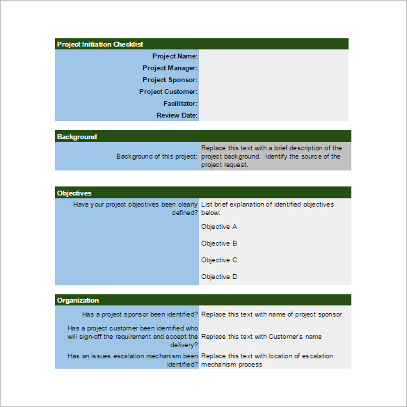 Project Initiation Checklist Spreadsheet Template