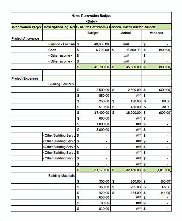 Renovation Budget Spreadsheet Template