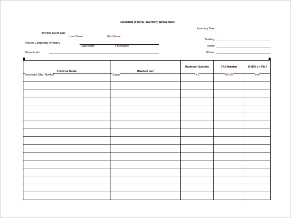 Sample Hazardous Material Inventory Blank Spreadsheet