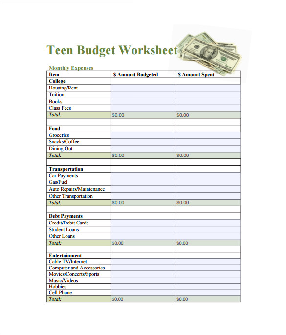 Teen Budget SpreadsheetPDF Template