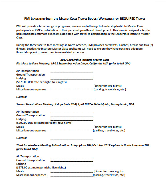 Travel Budget Spreadsheet PDF Template 1