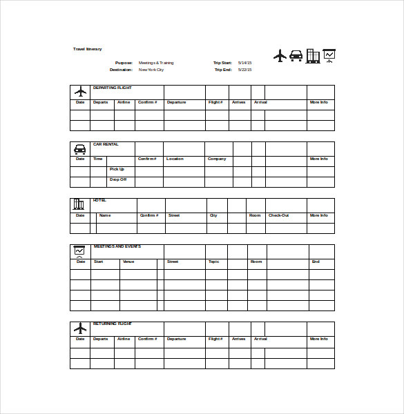 Travel Itinerary SpreadSheet Word Template