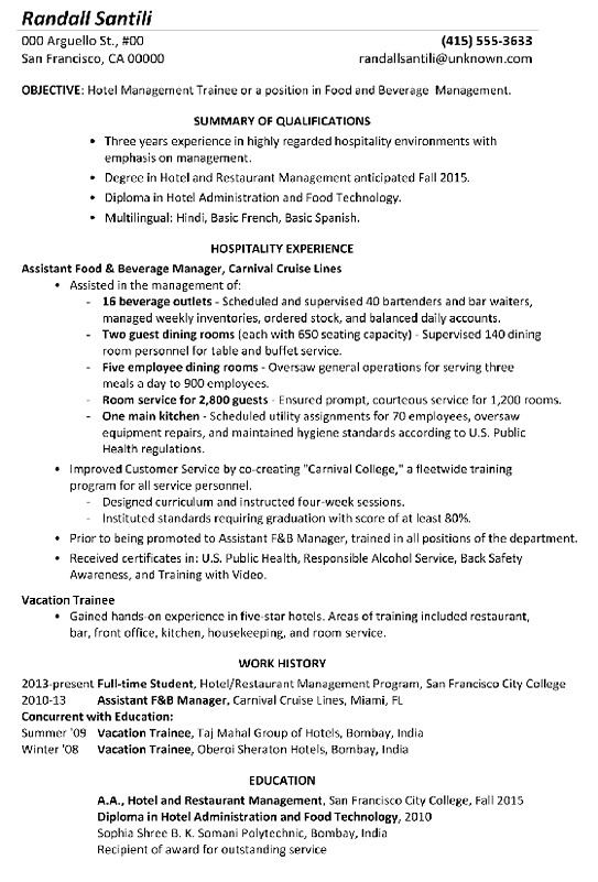 Functional Resume Sample Hotel Management Trainee