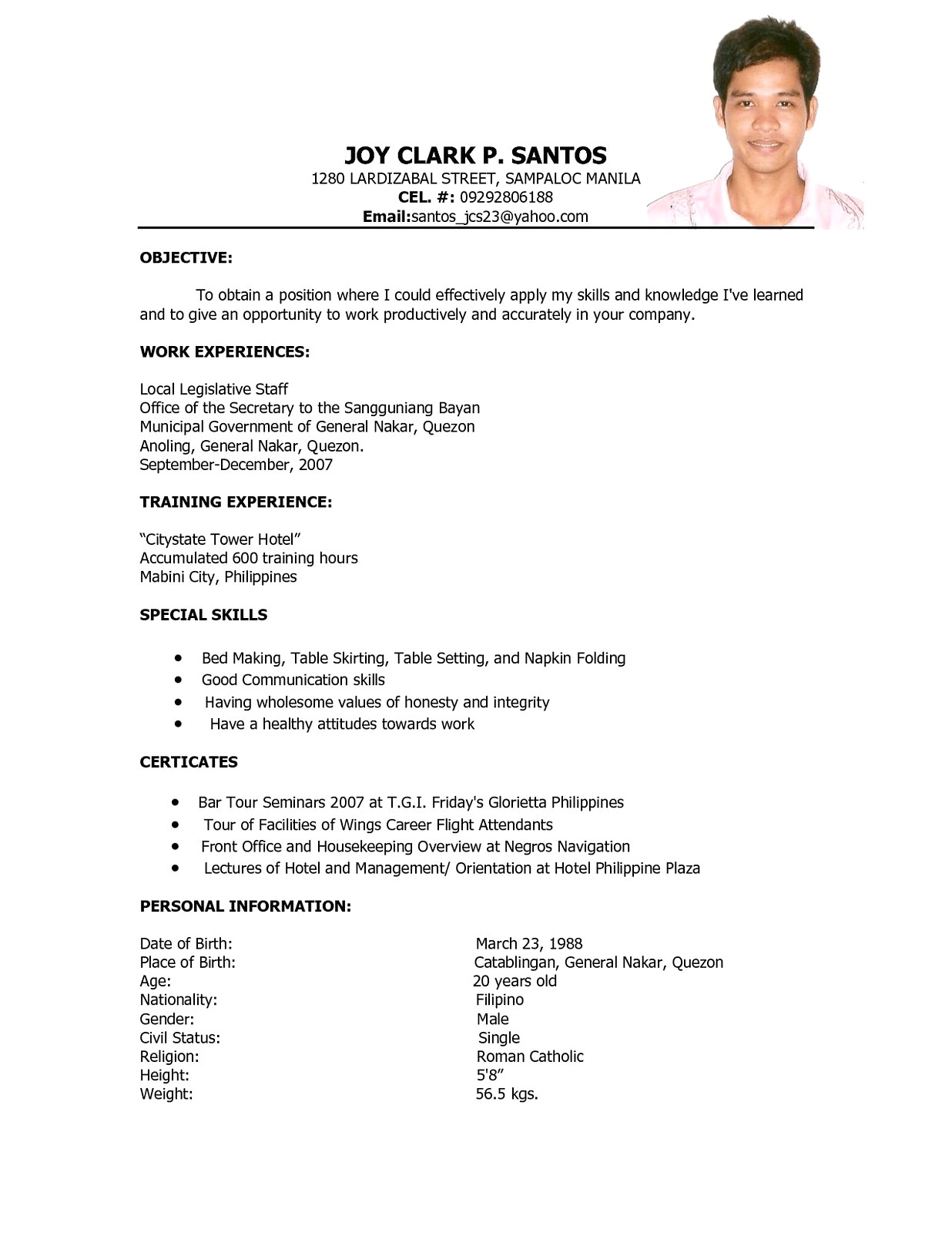 hotel management resume