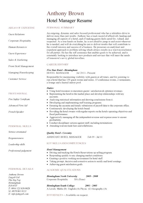 hotel manager resume