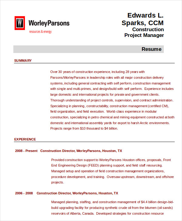 Construction Project Management Resume