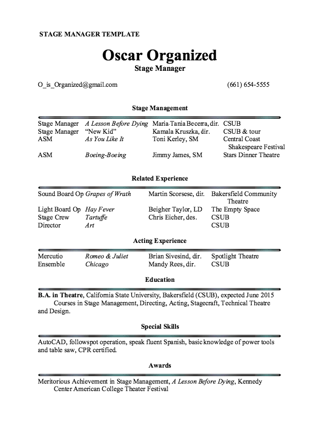 What skills do you need to be a stage manager Stage Manager Resume