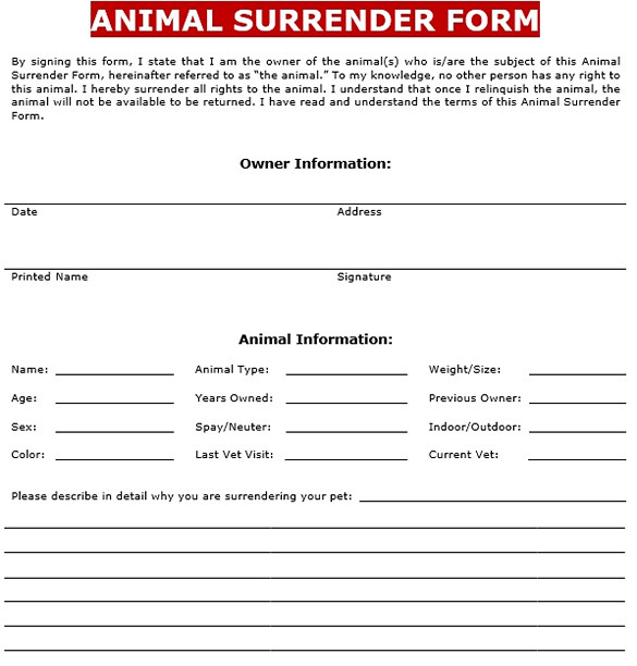 Animal Surrender Form Animal Surrender Form