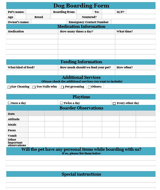 Dog Boarding Form Dog Boarding Form